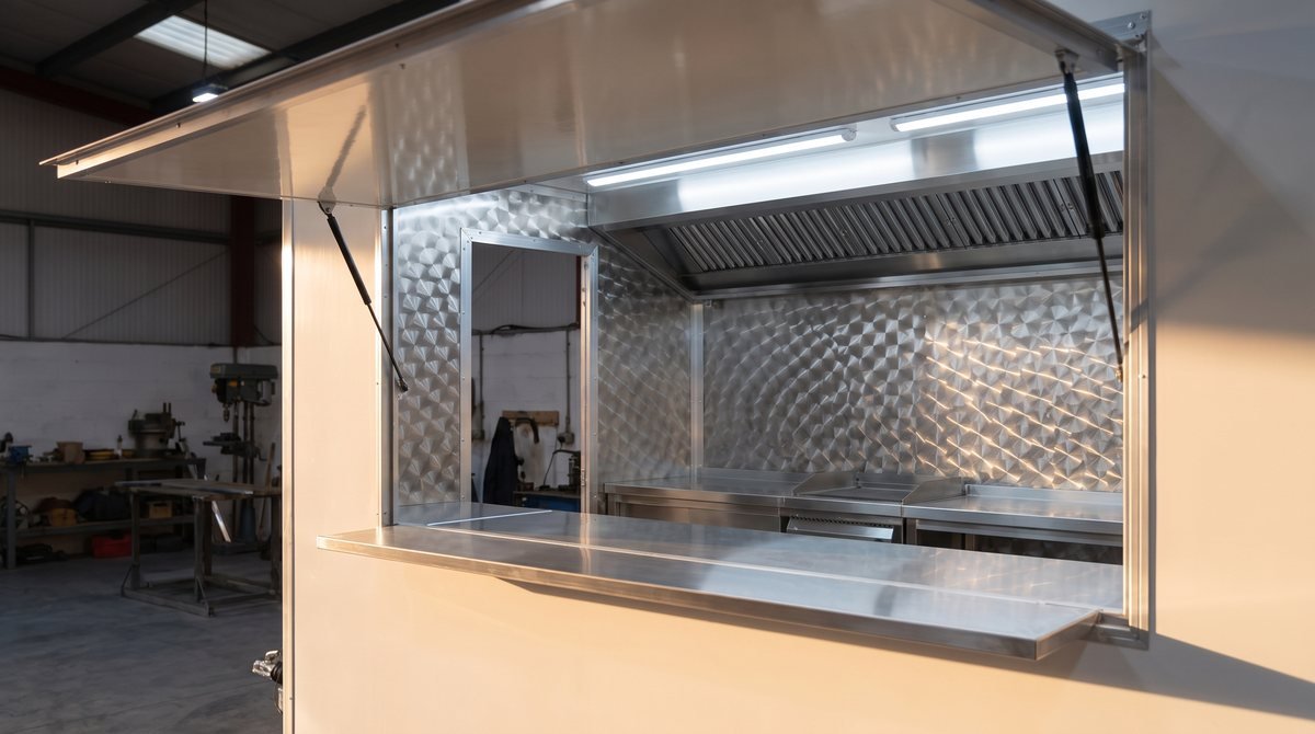 Brand new interior with swirl finish stainless steel walls, extraction canopy and counter run