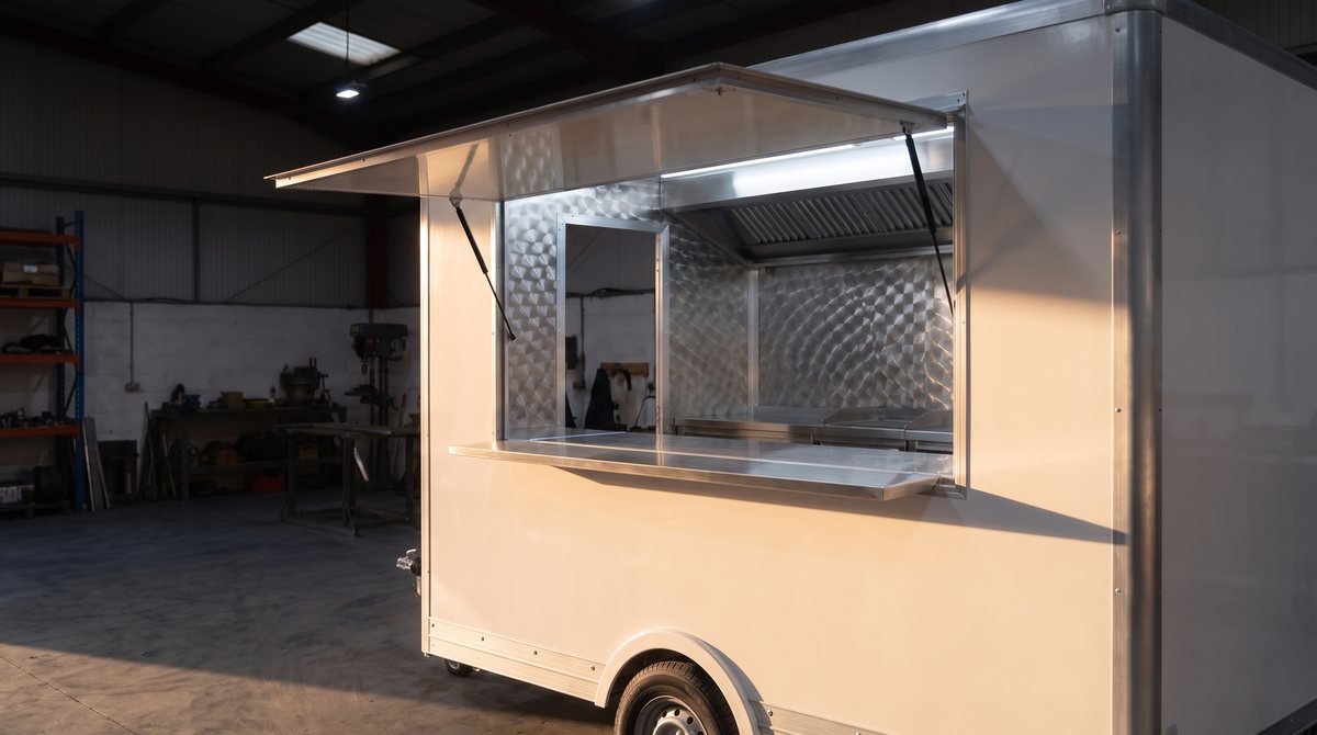 A finished catering trailer in the workshop with its serving hatch raised